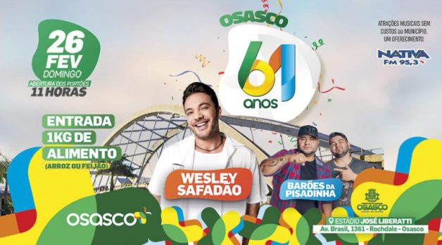  Osasco celebra 61 anos com shows de Wesley Safadão e Barões da Pisadinha e Dogão no Calçadão