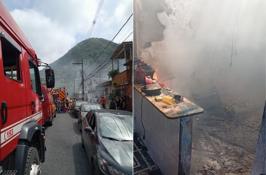  Telhado cede após incêndio atingir residência no litoral paulista