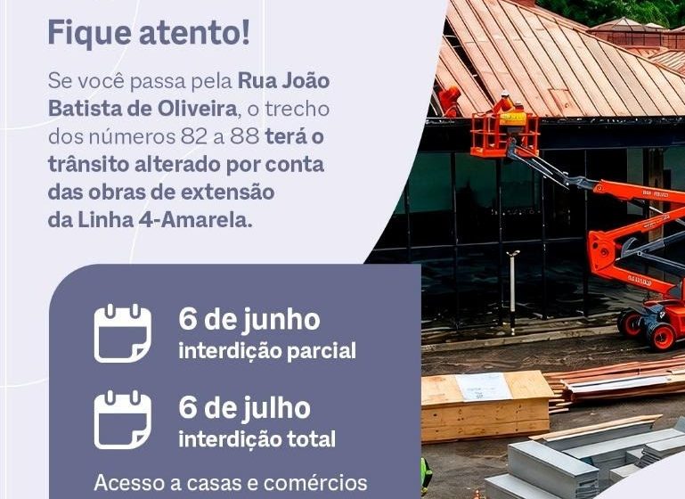   Via em Taboão da Serra terá interdição temporária para obras da extensão da Linha 4-Amarela de metrô